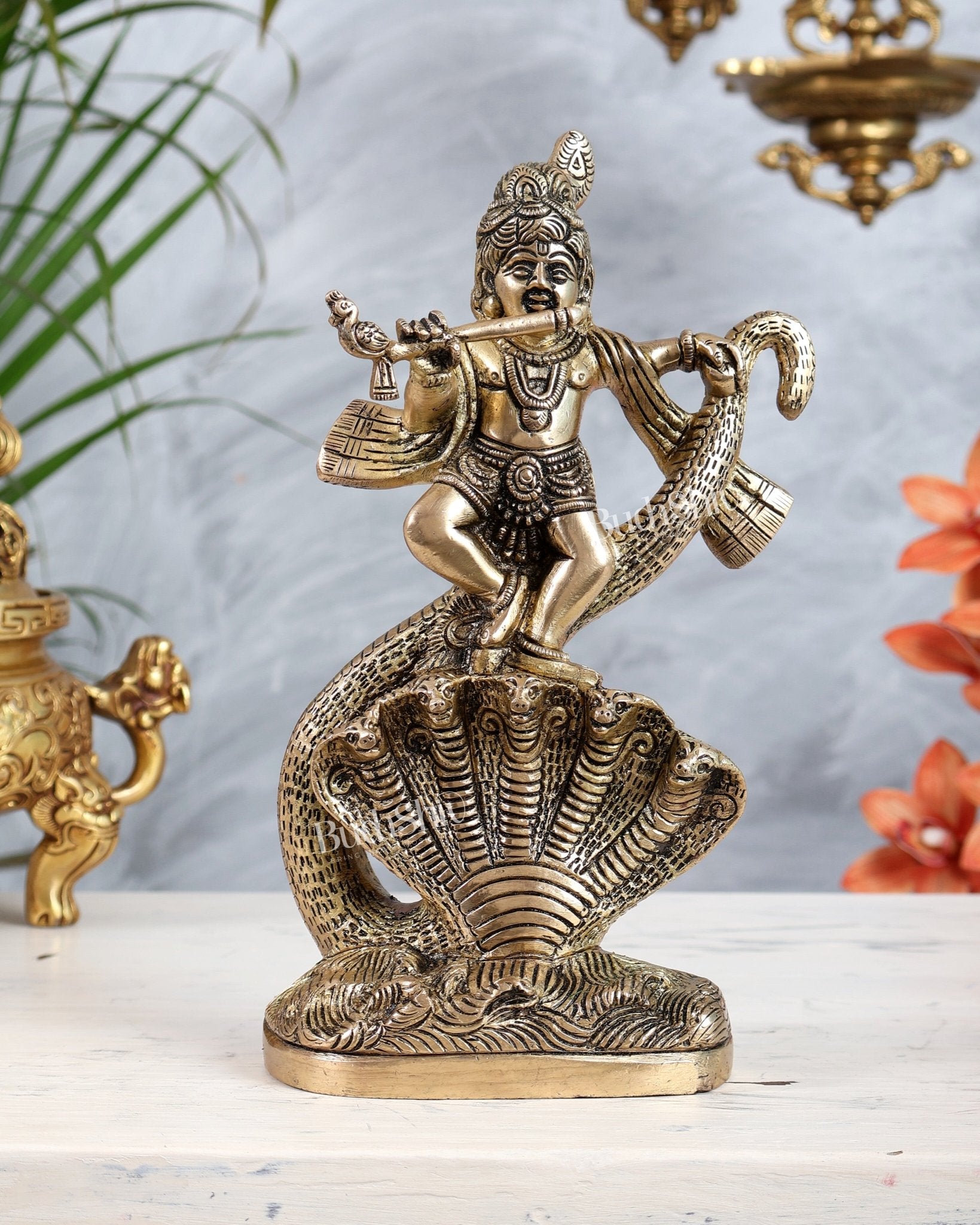 Brass Kalinga Narthana Krishna Idol | Krishna Dancing on Kaliya Naag Statue - Budhshiv.com
