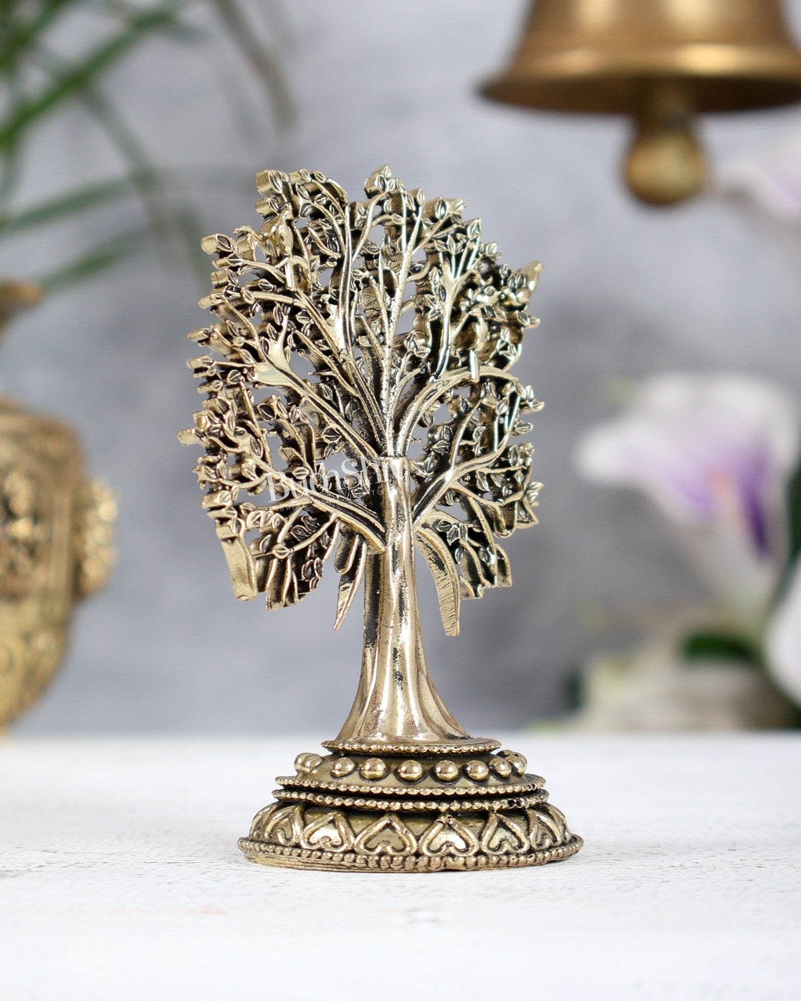 Brass Kalpavriksha Tree Miniature 4". | Superfine Intricate Wish - Fulfilling Tree Showpiece - Budhshiv.com