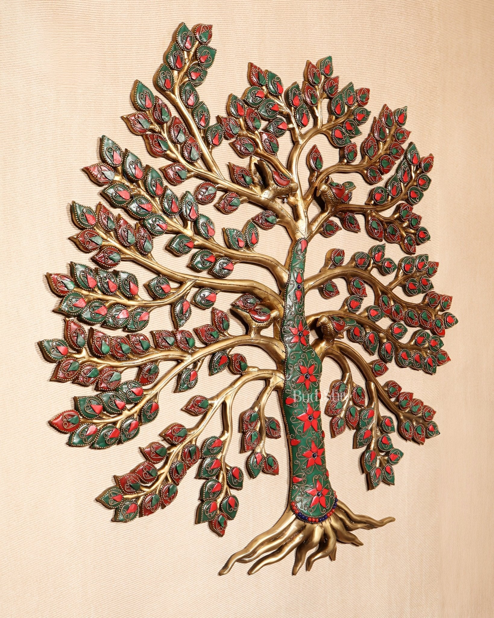 Brass Kalpavriksha Tree of Life Wall Hanging with Birds & Stonework – 23" x 22" - Budhshiv.com