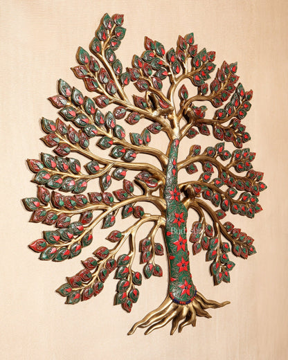 Brass Kalpavriksha Tree of Life Wall Hanging with Birds & Stonework – 23" x 22" - Budhshiv.com