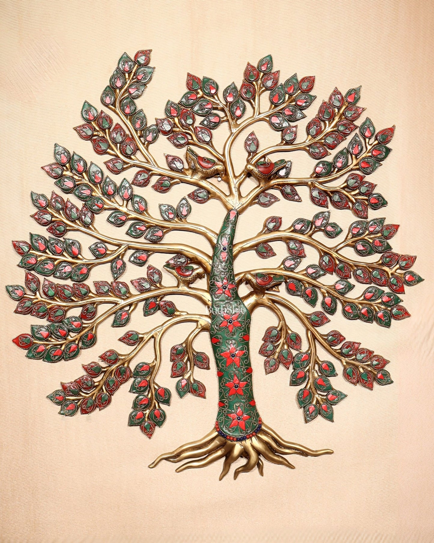 Brass Kalpavriksha Tree of Life Wall Hanging with Birds & Stonework – 23" x 22" - Budhshiv.com