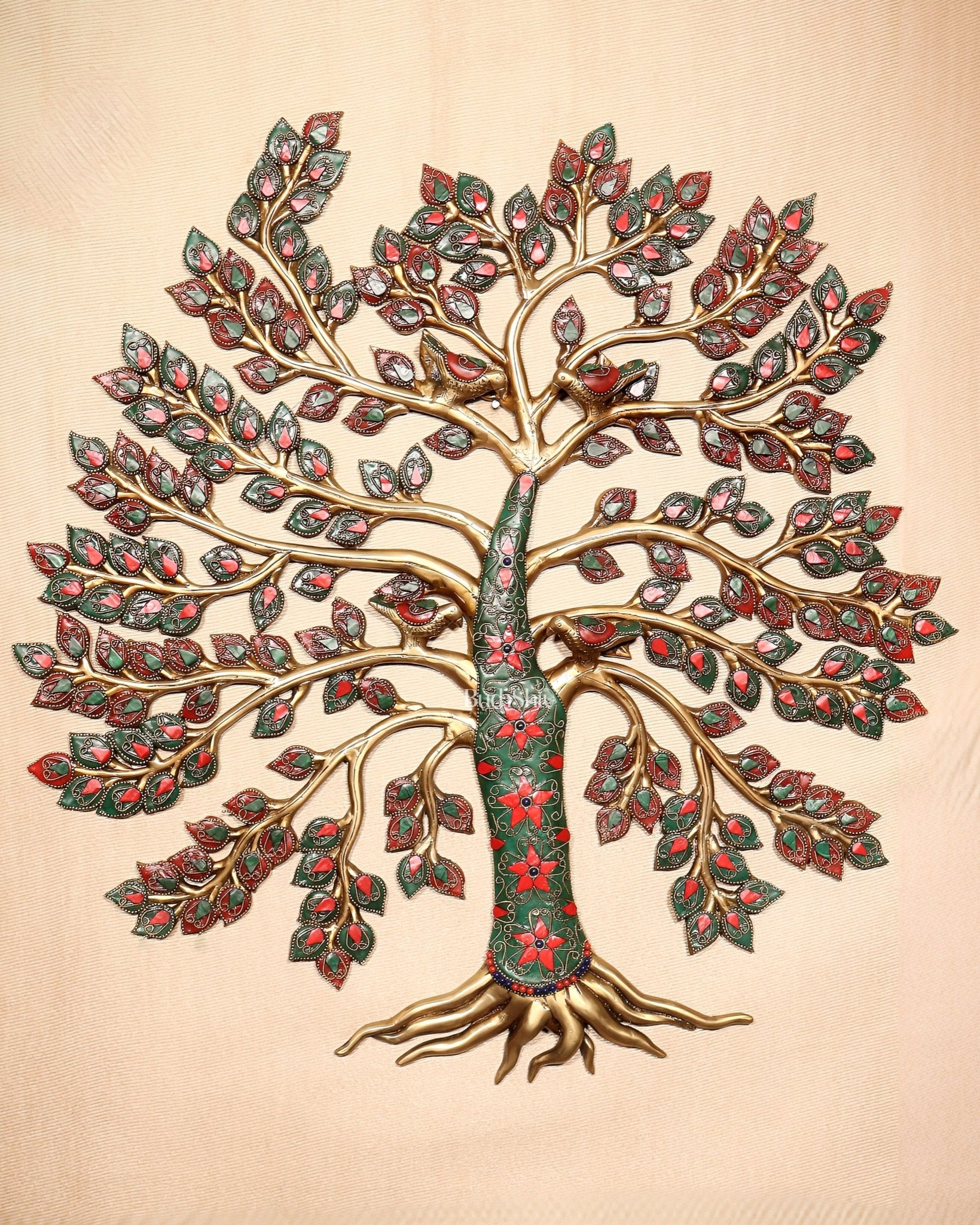 Brass Kalpavriksha Tree of Life Wall Hanging with Birds & Stonework – 23" x 22" - Budhshiv.com