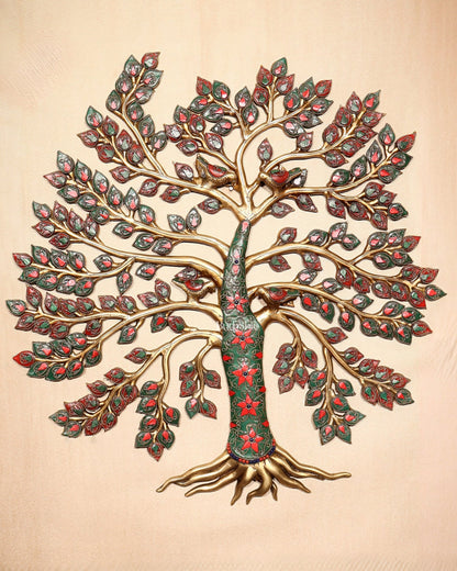 Brass Kalpavriksha Tree of Life Wall Hanging with Birds & Stonework – 23" x 22" - Budhshiv.com