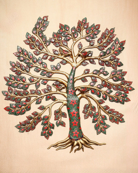 Brass Kalpavriksha Tree of Life Wall Hanging with Birds & Stonework – 23" x 22" - Budhshiv.com