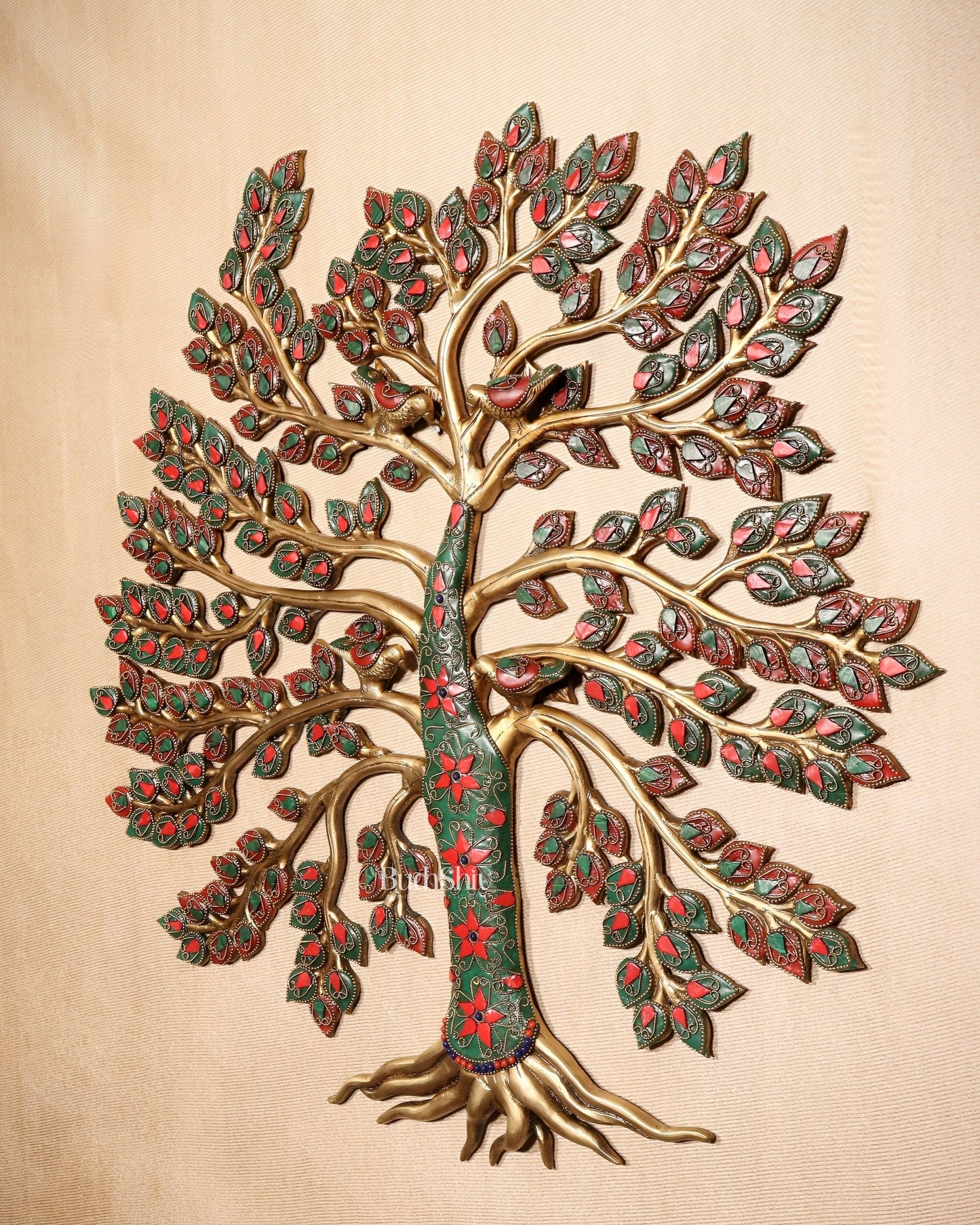 Brass Kalpavriksha Tree of Life Wall Hanging with Birds & Stonework – 23" x 22" - Budhshiv.com