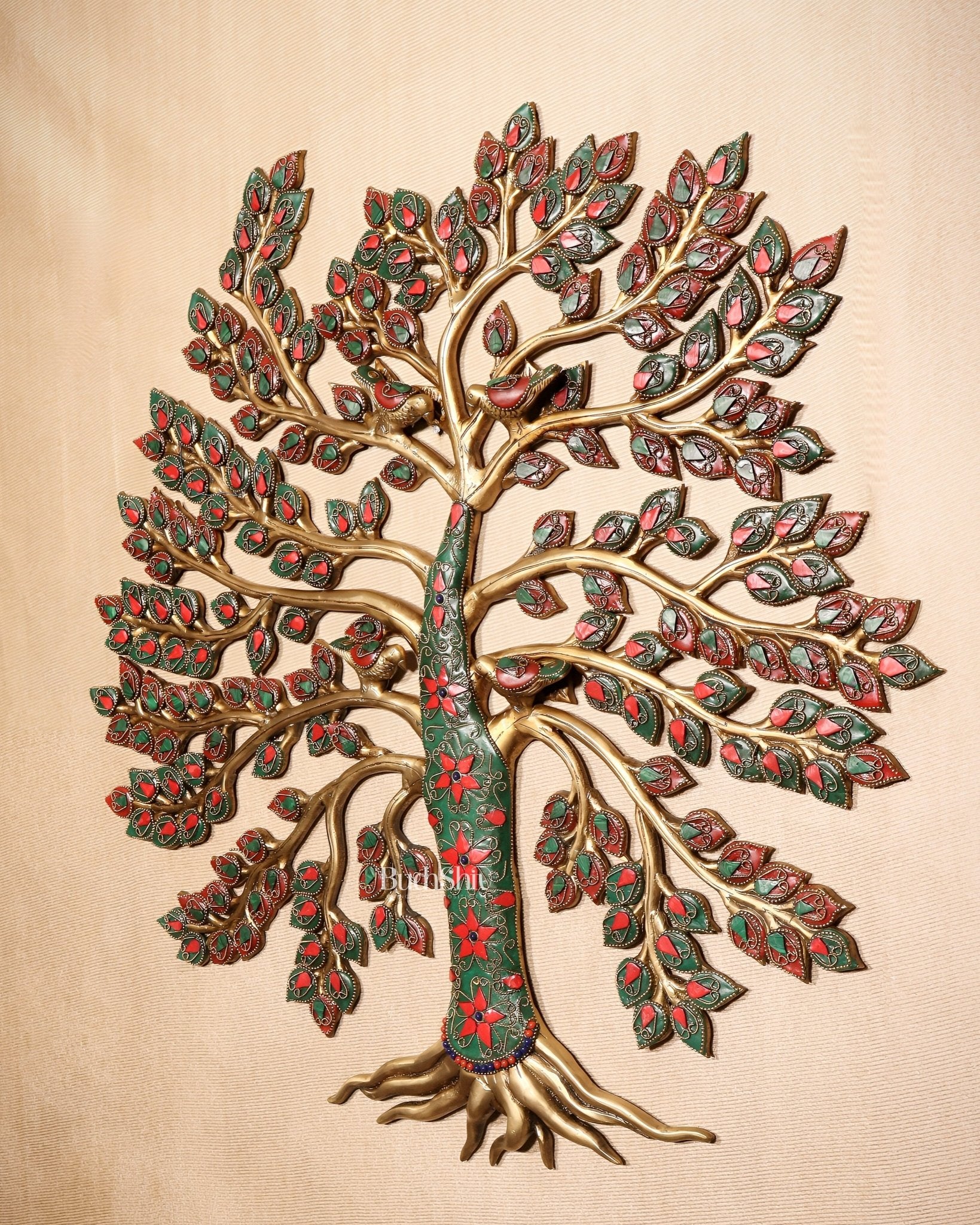 Brass Kalpavriksha Tree of Life Wall Hanging with Birds & Stonework – 23" x 22" - Budhshiv.com