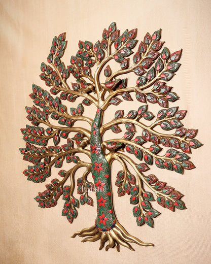 Brass Kalpavriksha Tree of Life Wall Hanging with Birds & Stonework – 23" x 22" - Budhshiv.com