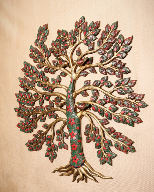 Brass Kalpavriksha Tree of Life Wall Hanging with Birds & Stonework – 23" x 22" - Budhshiv.com