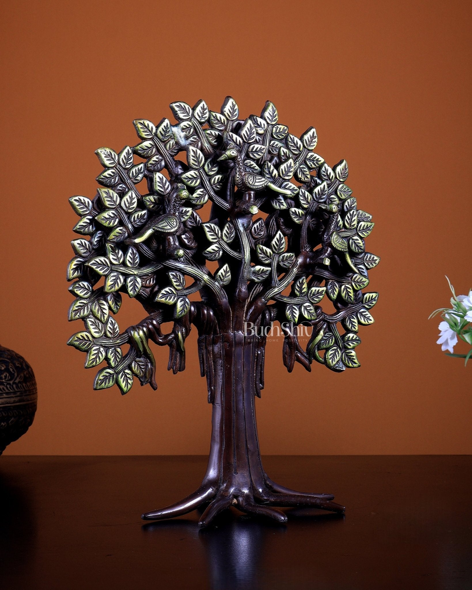 Brass Kalpavriksha Tree of Life with Birds | Dual Tone Finish Table Décor 12 inch - Budhshiv.com