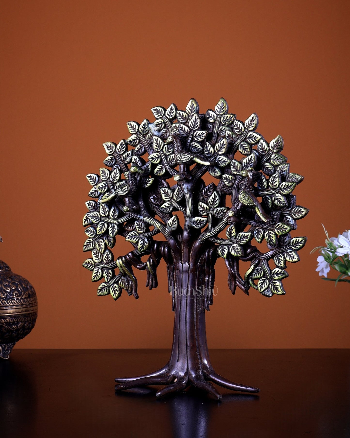 Brass Kalpavriksha Tree of Life with Birds | Dual Tone Finish Table Décor 12 inch - Budhshiv.com
