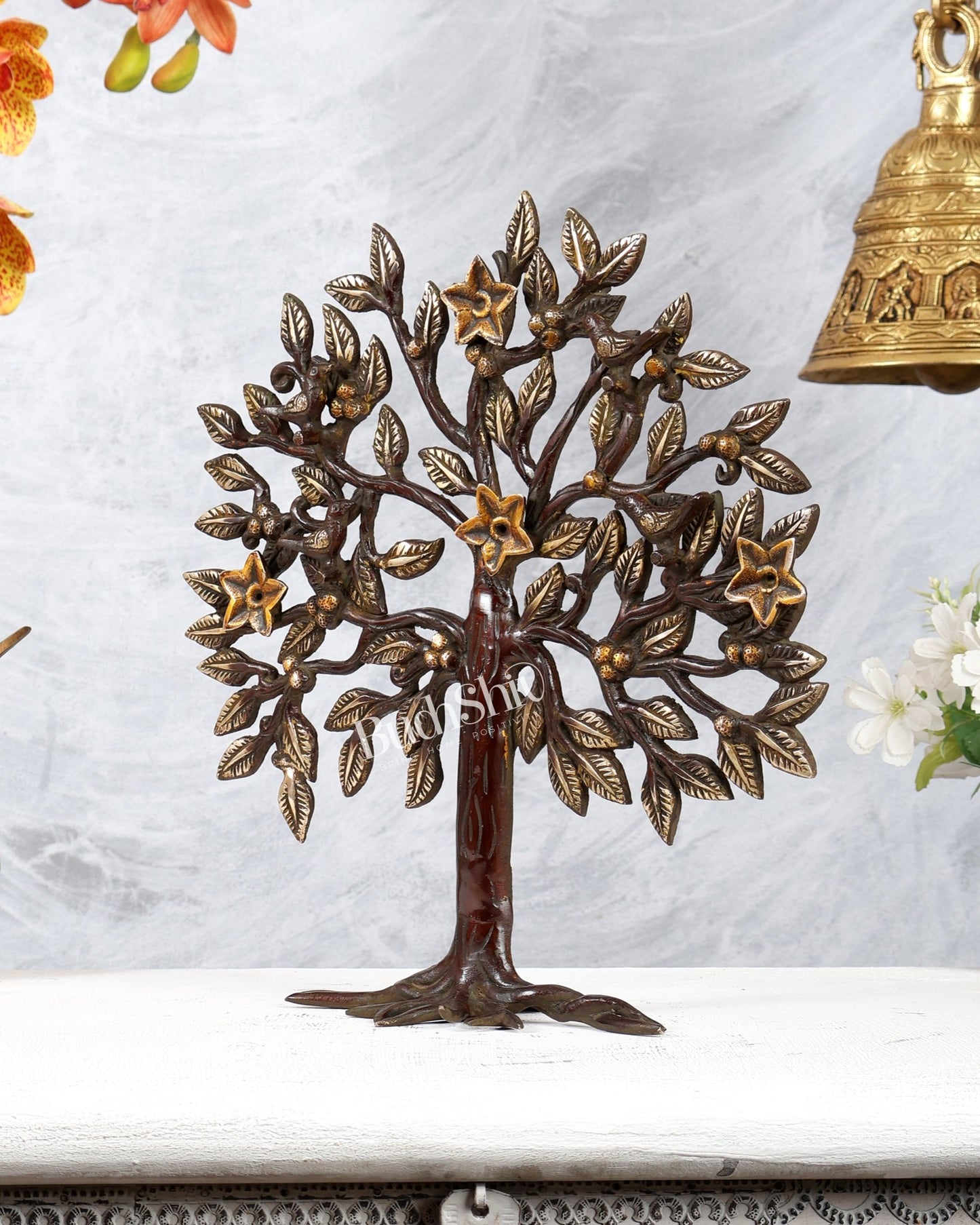 Brass Kalpavriksha Tree Standing Sculpture – Dual Tone Antique Finish Décor (13 Inches) - Budhshiv.com