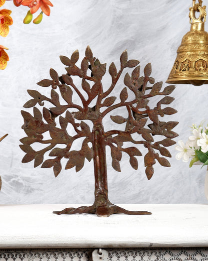 Brass Kalpavriksha Tree Standing Sculpture – Dual Tone Antique Finish Décor (13 Inches) - Budhshiv.com