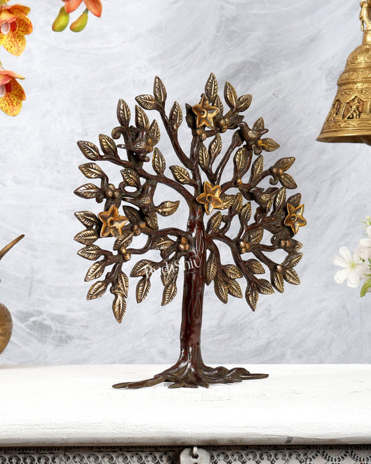 Brass Kalpavriksha Tree Standing Sculpture – Dual Tone Antique Finish Décor (13 Inches) - Budhshiv.com