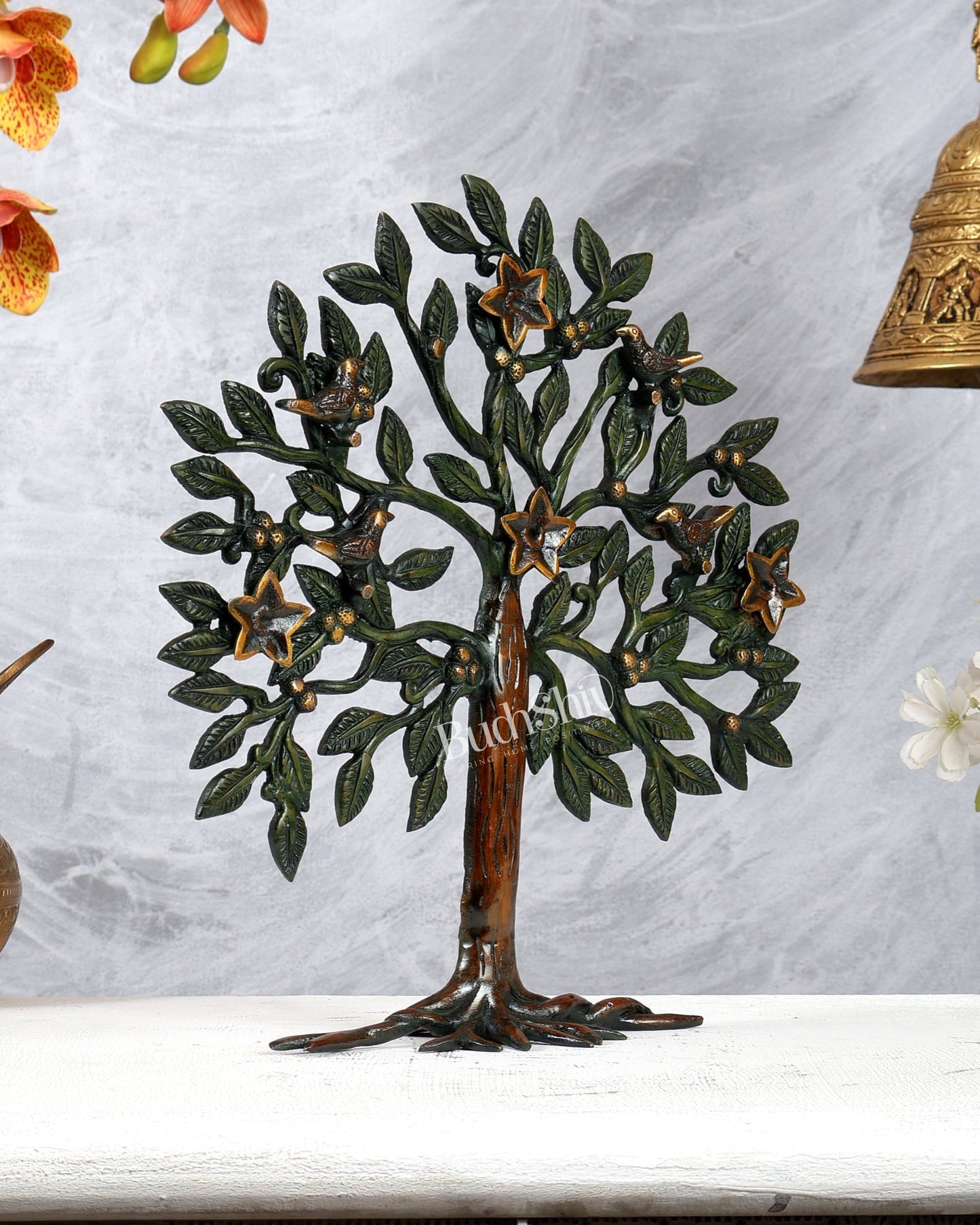 Brass Kalpavriksha Tree Standing Sculpture – Three Tone Brown, Green & Gold Antique Finish (13 Inches) - Budhshiv.com