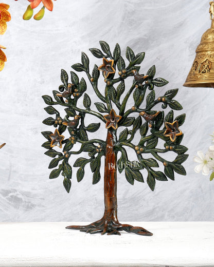 Brass Kalpavriksha Tree Standing Sculpture – Three Tone Brown, Green & Gold Antique Finish (13 Inches) - Budhshiv.com