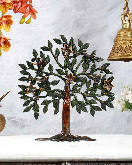 Brass Kalpavriksha Tree Standing Sculpture – Three Tone Brown, Green & Gold Antique Finish (13 Inches) - Budhshiv.com