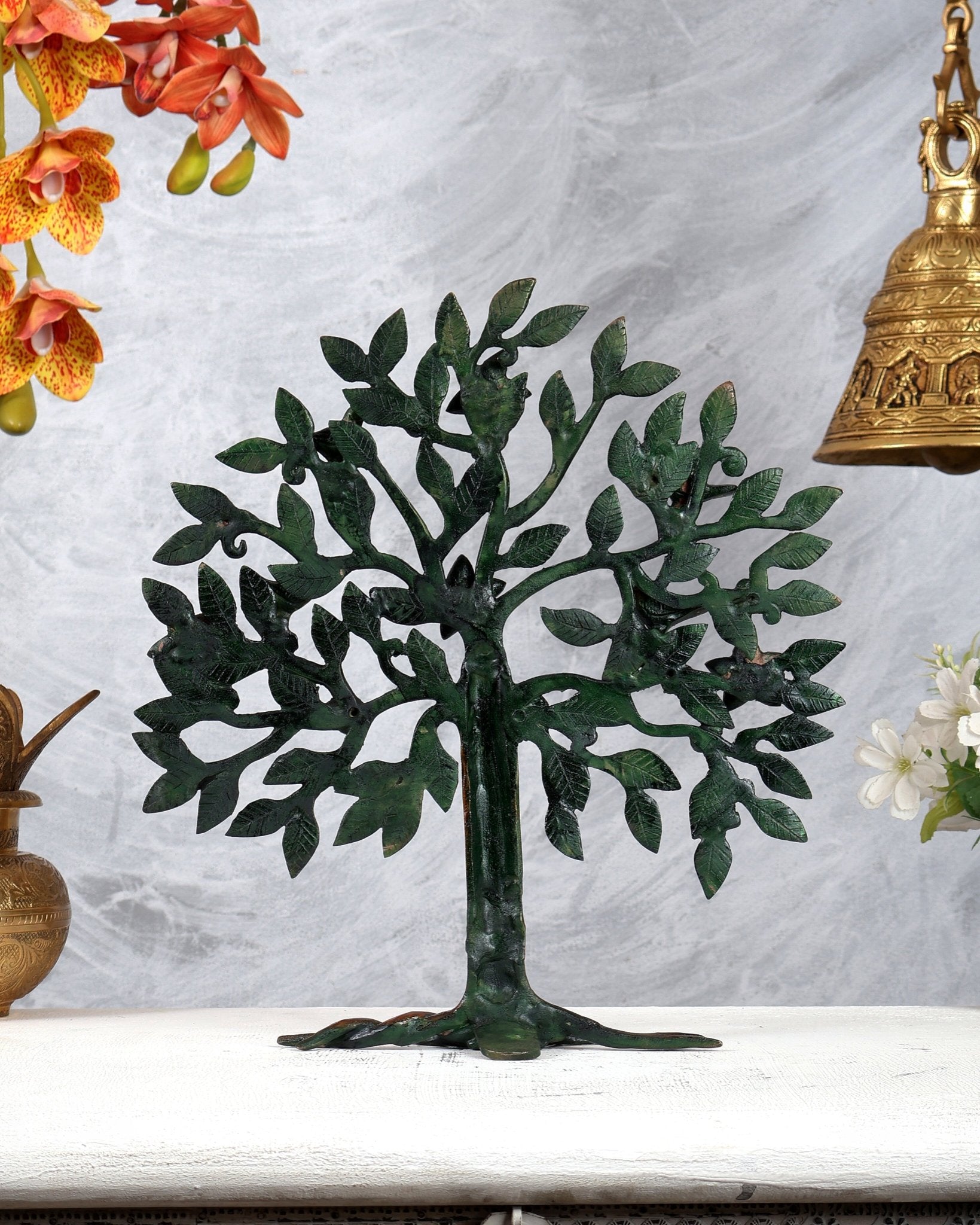 Brass Kalpavriksha Tree Standing Sculpture – Three Tone Brown, Green & Gold Antique Finish (13 Inches) - Budhshiv.com