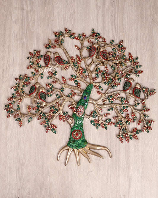 Brass Kalpavriksha Tree Wall Hanging with Birds – 24" multicolour - Budhshiv.com