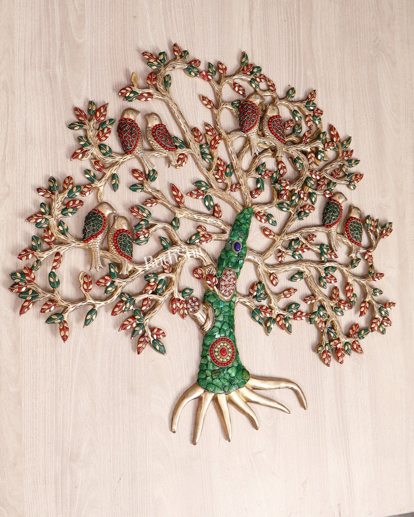 Brass Kalpavriksha Tree Wall Hanging with Birds – 24" multicolour - Budhshiv.com
