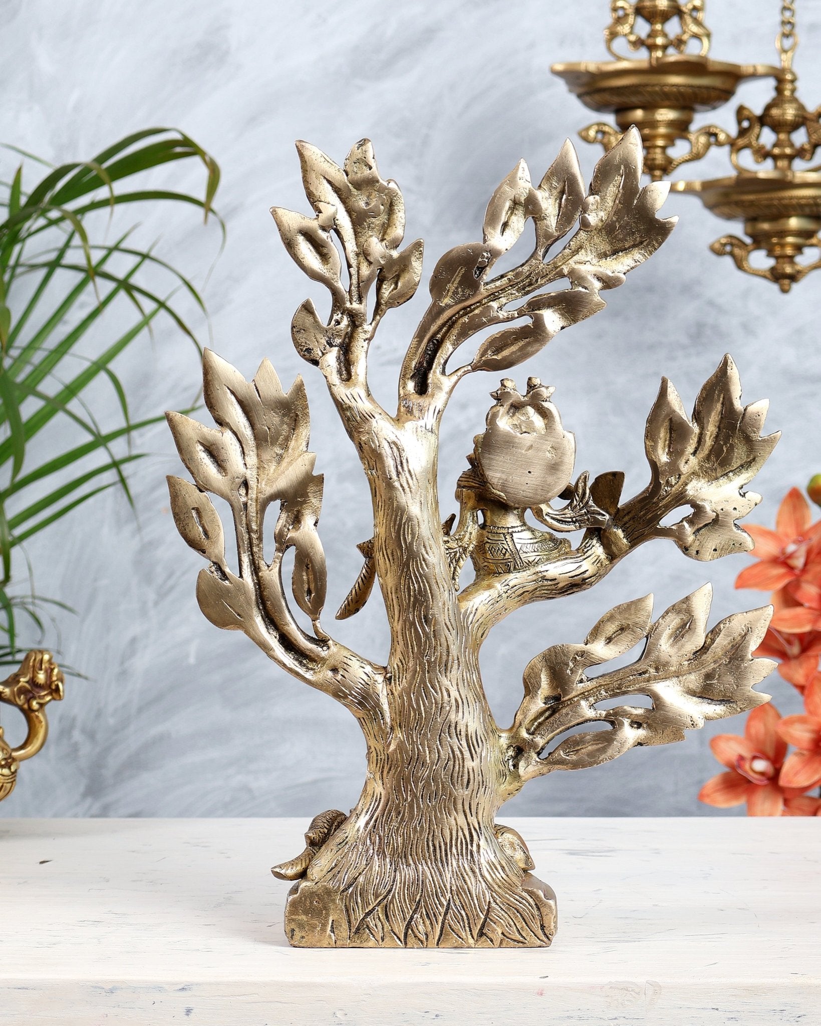 Brass Kalpavriksha Tree with Radha Krishna Motifs | 12.75" table top decor - Budhshiv.com