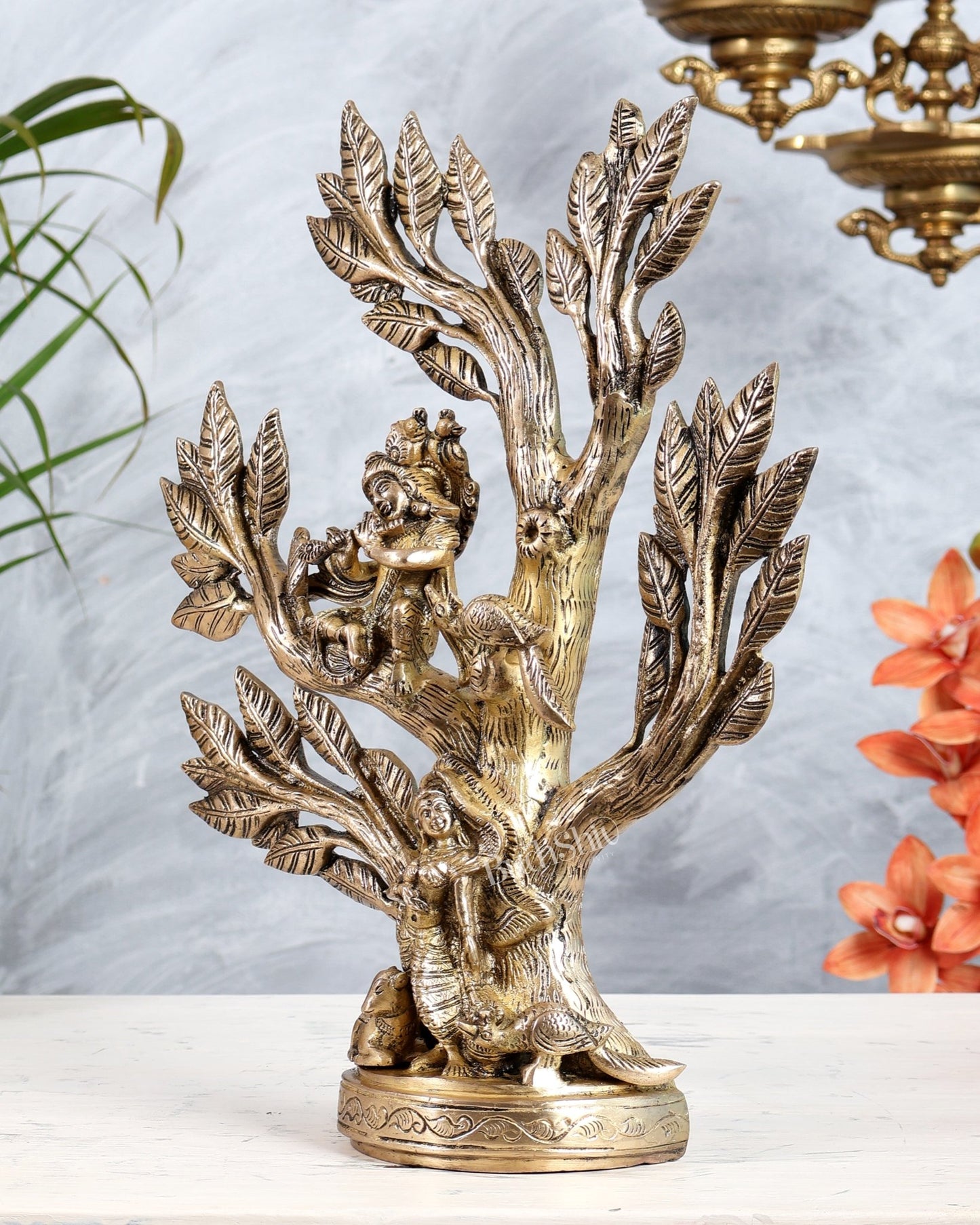Brass Kalpavriksha Tree with Radha Krishna Motifs | 12.75" table top decor - Budhshiv.com