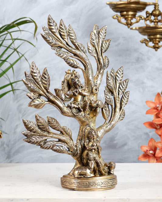 Brass Kalpavriksha Tree with Radha Krishna Motifs | 12.75" table top decor - Budhshiv.com