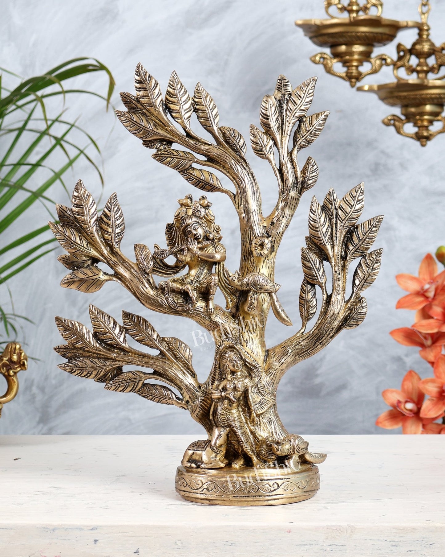 Brass Kalpavriksha Tree with Radha Krishna Motifs | 12.75" table top decor - Budhshiv.com