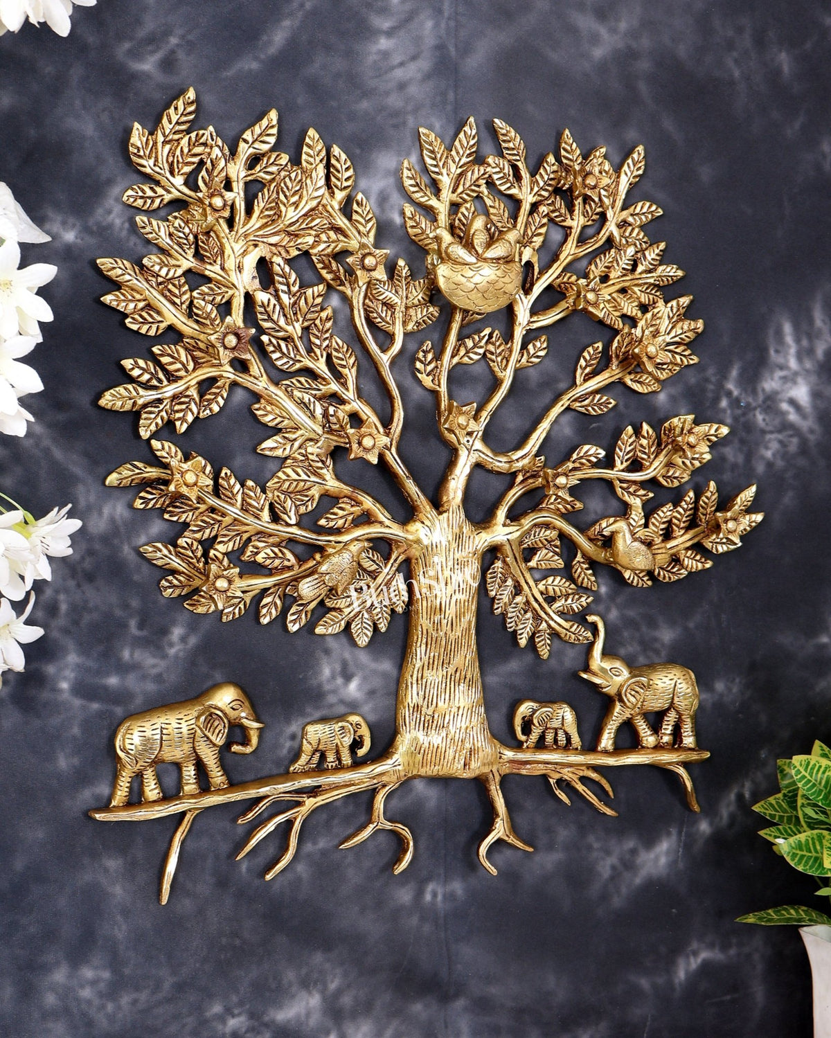 Brass Kalpavriksha Wall Hanging with Elephant Family — Auspicious Wall Décor 18 inch - Budhshiv.com