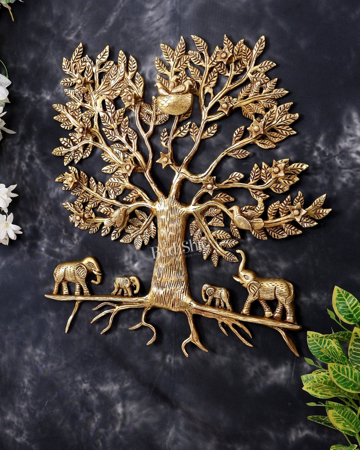 Brass Kalpavriksha Wall Hanging with Elephant Family — Auspicious Wall Décor 18 inch - Budhshiv.com