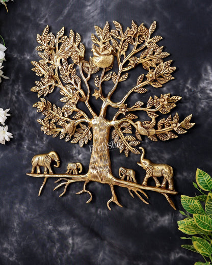 Brass Kalpavriksha Wall Hanging with Elephant Family — Auspicious Wall Décor 18 inch - Budhshiv.com