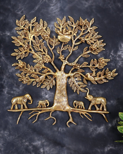 Brass Kalpavriksha Wall Hanging with Elephant Family — Auspicious Wall Décor 18 inch - Budhshiv.com