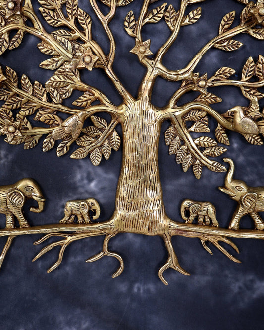 Brass Kalpavriksha Wall Hanging with Elephant Family — Auspicious Wall Décor 18 inch - Budhshiv.com