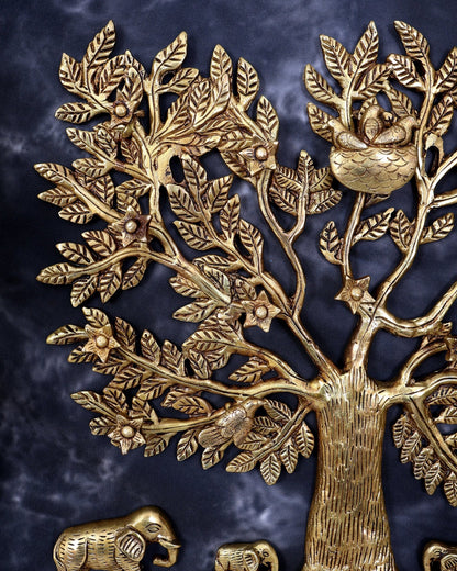 Brass Kalpavriksha Wall Hanging with Elephant Family — Auspicious Wall Décor 18 inch - Budhshiv.com