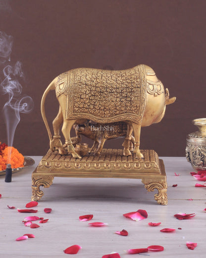 Brass Kamadhenu cow and calf idol| 10" - Budhshiv.com