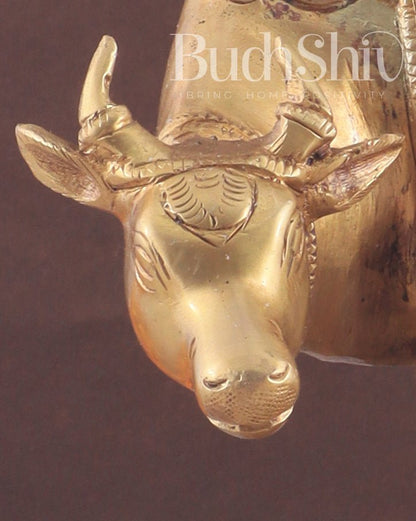 Brass Kamadhenu cow and calf idol| 10" - Budhshiv.com