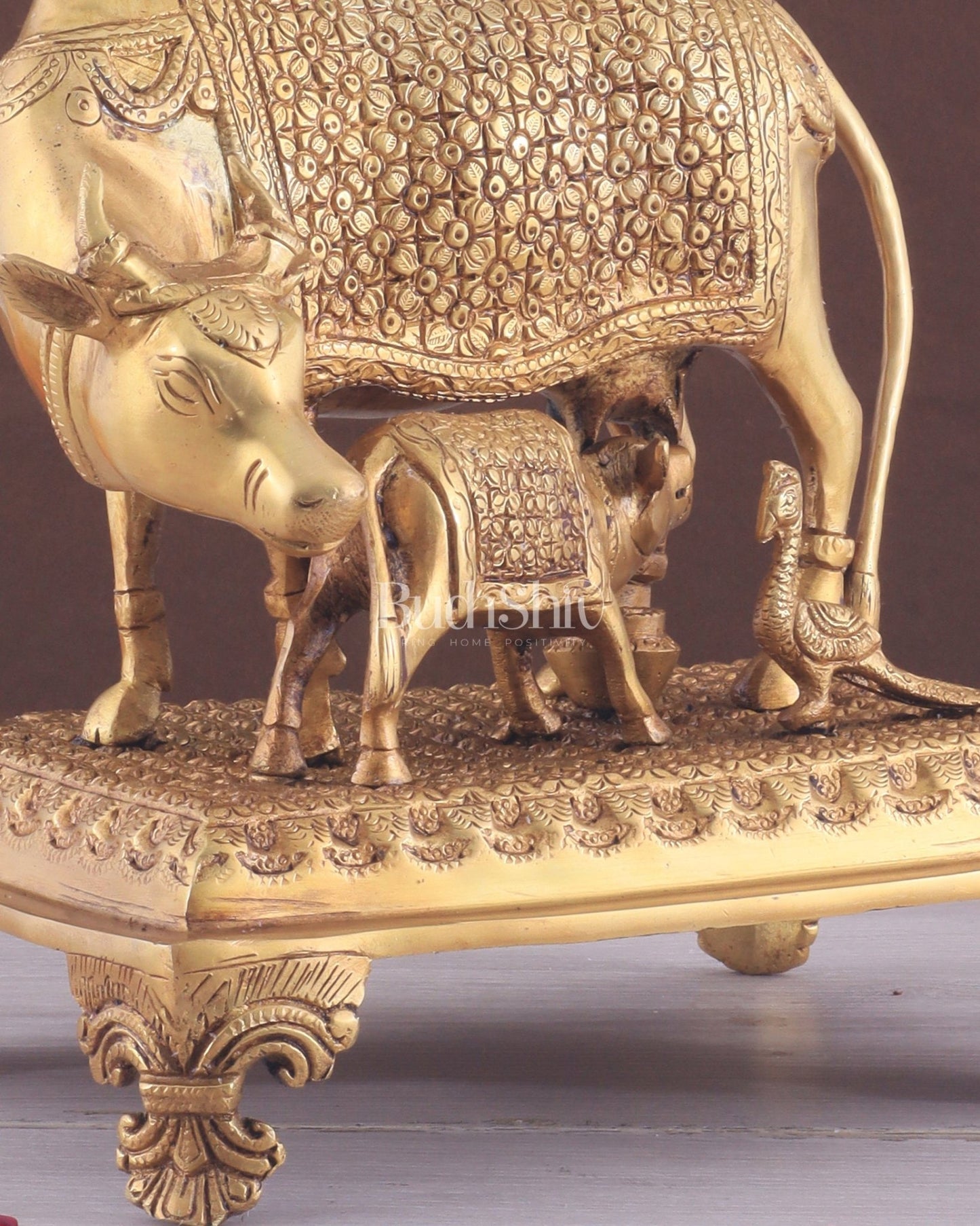 Brass Kamadhenu cow and calf idol| 10" - Budhshiv.com