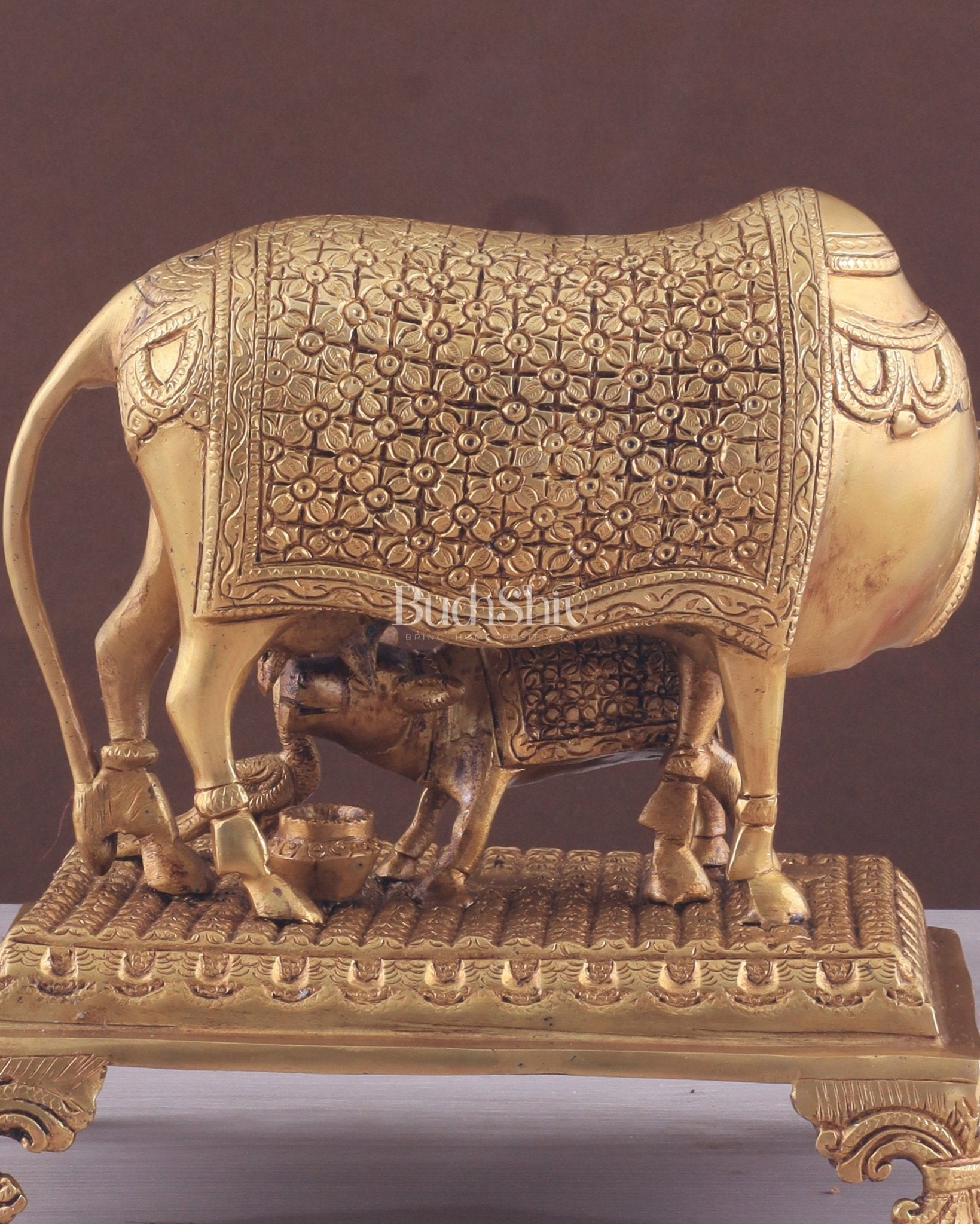 Brass Kamadhenu cow and calf idol| 10" - Budhshiv.com