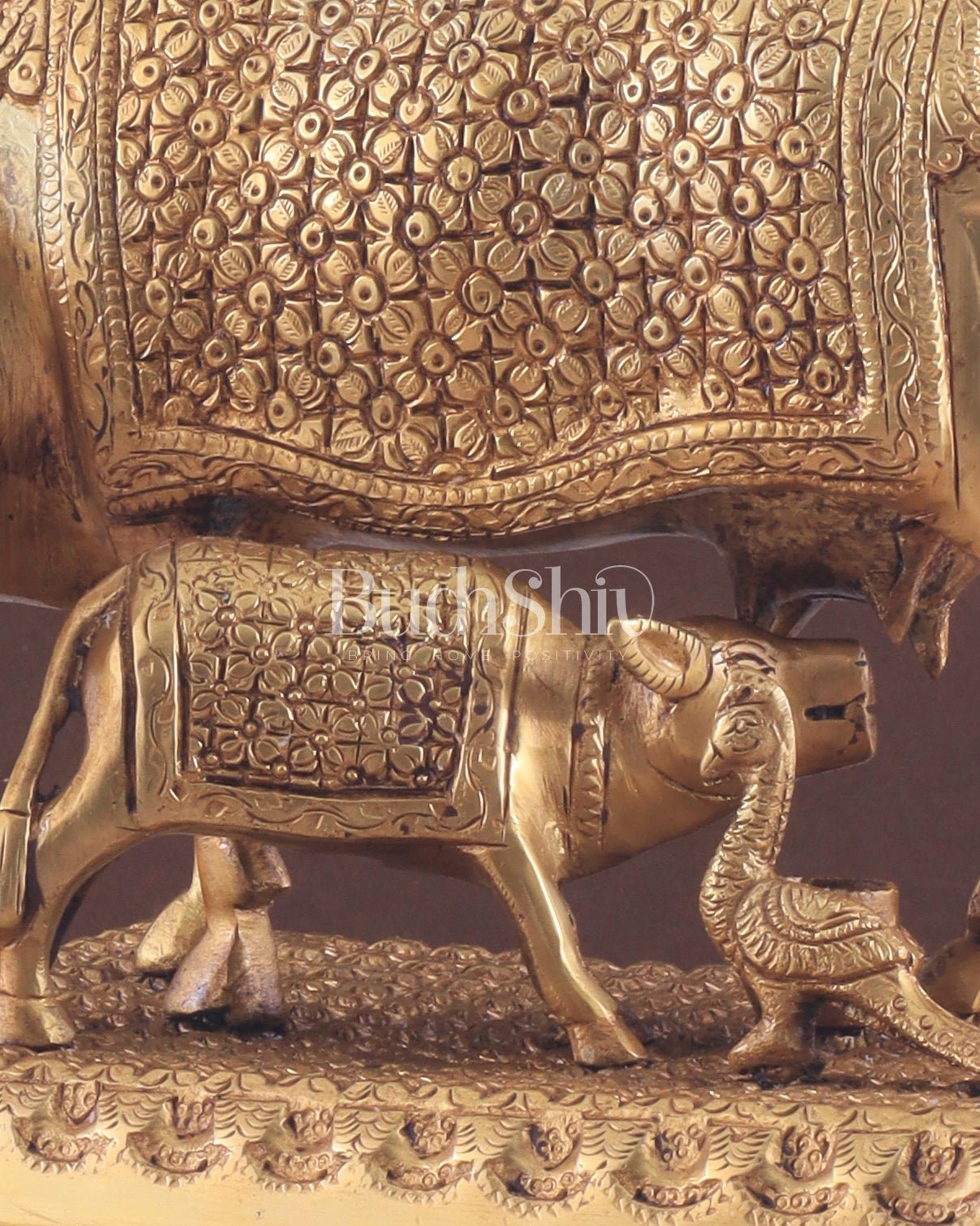 Brass Kamadhenu cow and calf idol| 10" - Budhshiv.com