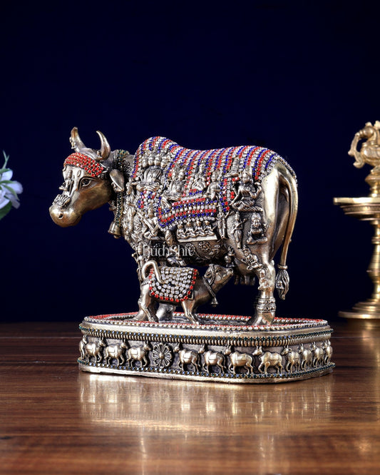 Brass Kamadhenu Cow with Calf – All Deities Engraved 7" with jewellers meenakari - Budhshiv.com