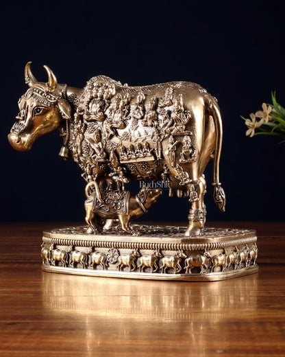 Brass Kamadhenu Cow with Calf – All Deities Engraved 7" - Budhshiv.com