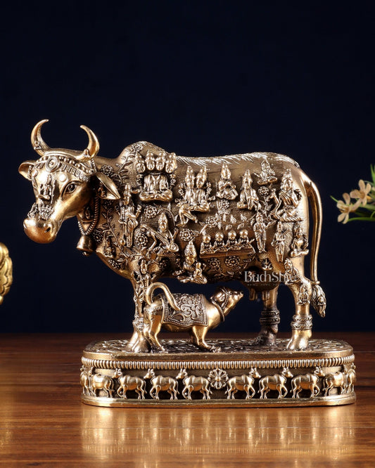 Brass Kamadhenu Cow with Calf – All Deities Engraved 7" - Budhshiv.com