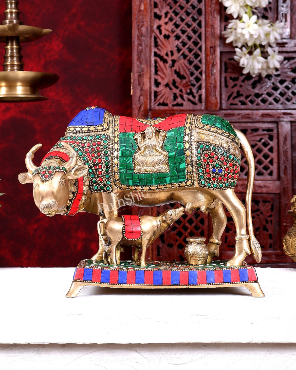 Brass Kamadhenu Cow with Calf Idol 11 inch - Budhshiv.com