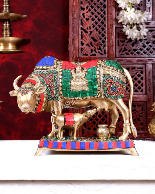 Brass Kamadhenu Cow with Calf Idol 11 inch - Budhshiv.com