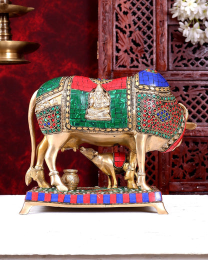 Brass Kamadhenu Cow with Calf Idol 11 inch - Budhshiv.com