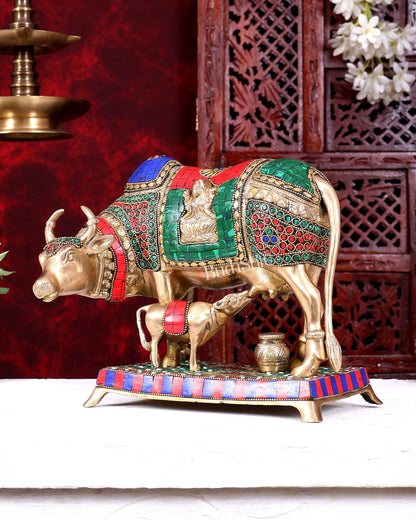 Brass Kamadhenu Cow with Calf Idol 11 inch - Budhshiv.com