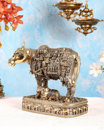 Brass Kamadhenu Cow with Calf Idol – 7.2 Inch Divine Vastu Sculpture with Engraved Gods - Budhshiv.com