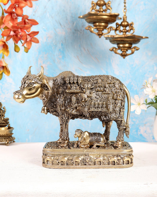 Brass Kamadhenu Cow with Calf Idol – 7.2 Inch Divine Vastu Sculpture with Engraved Gods - Budhshiv.com