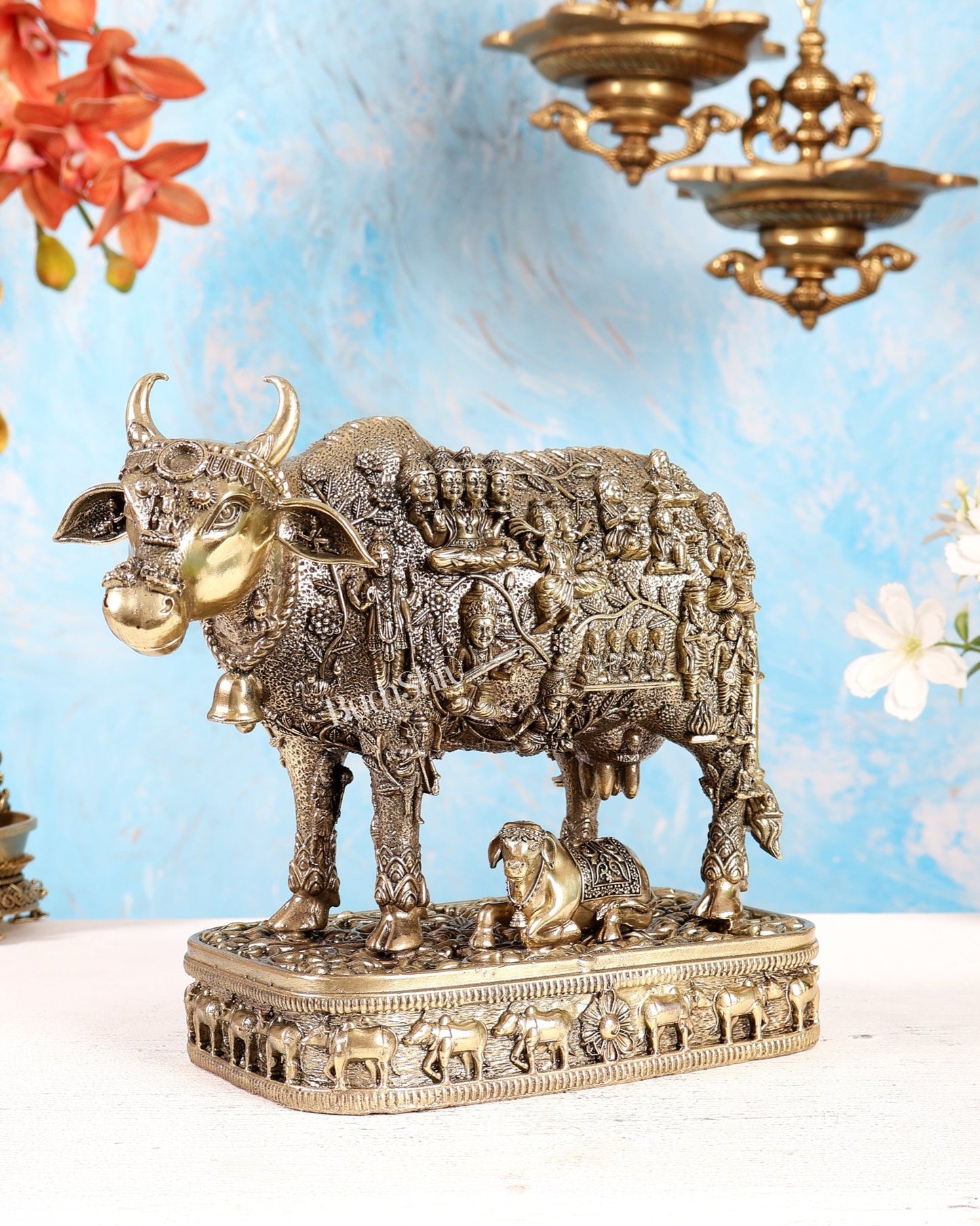 Brass Kamadhenu Cow with Calf Idol – 7.2 Inch Divine Vastu Sculpture with Engraved Gods - Budhshiv.com