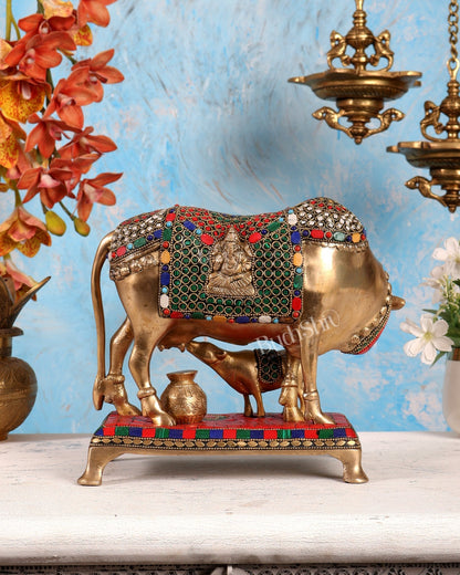 Brass Kamadhenu Cow with Calf Idol – Ganesh Lakshmi Carvings with Stonework Divine Statue (11 Inches) - Budhshiv.com
