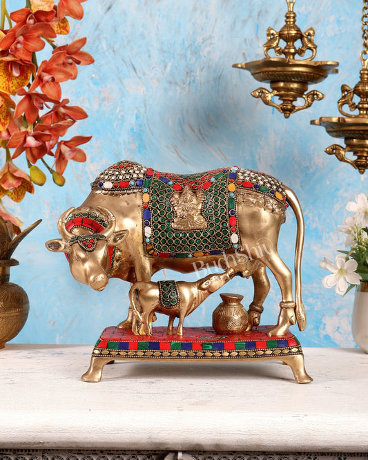 Brass Kamadhenu Cow with Calf Idol – Ganesh Lakshmi Carvings with Stonework Divine Statue (11 Inches) - Budhshiv.com